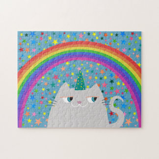 Gato Unicórnio Quebra-Cabeça Arco-Íris Estrelas Pr