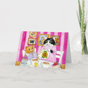 Gato, Urso de Teddy, festa de chá, rosa, Cartão