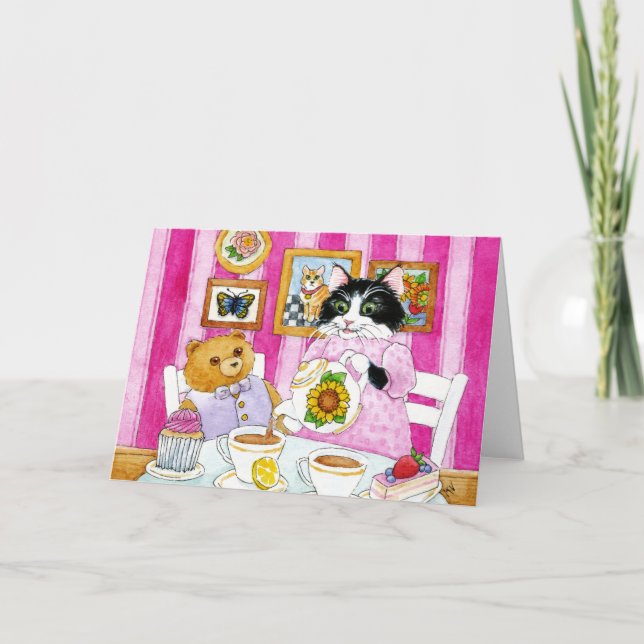 Gato, Urso de Teddy, festa de chá, rosa, Cartão (Frente)