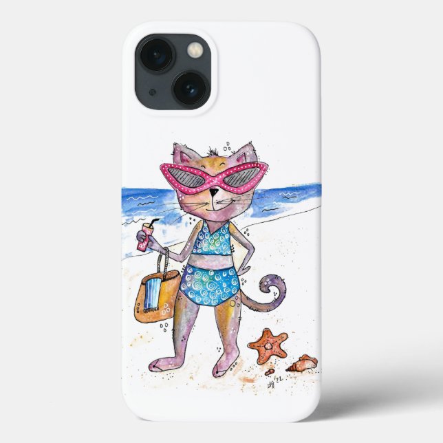 Gato Whimsical na Praia (Verso)