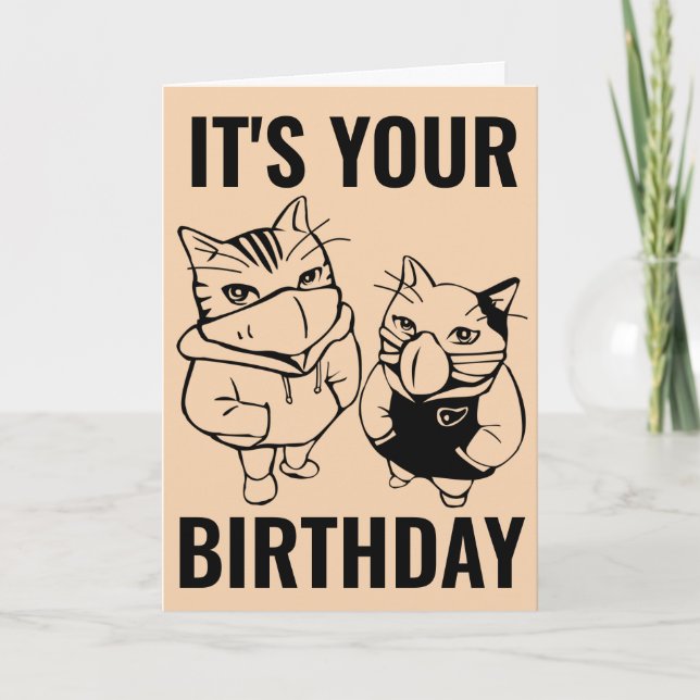 GATOS DE ANIVERSÁRIO GATO USANDO MÁSCARAS CARTÕES  (Frente)