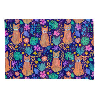 Gatos e flores tropicais: padrão escuro