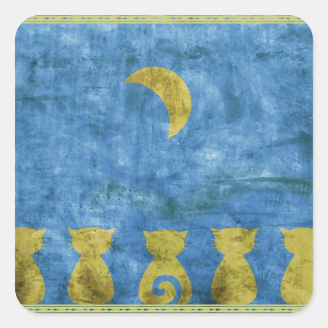 Gatos e Lua - etiqueta quadrada (Frente)