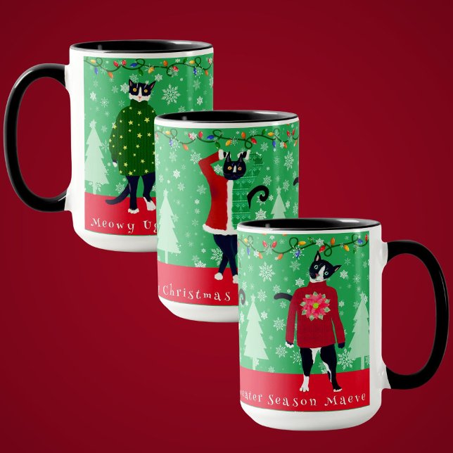 Gatos Engraçados E Meowosos Na Caneca De Natal Fei (Tuxedo cats model ugly Christmas sweaters funny personalized holiday mug)