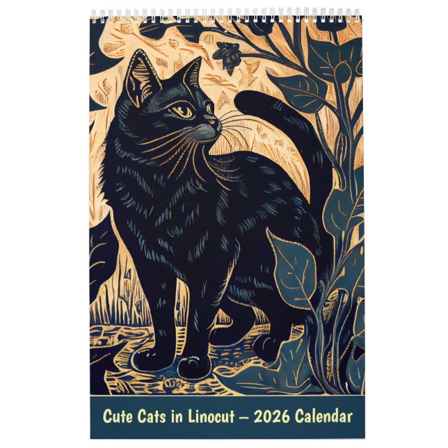 Gatos Fofos em Linocut – Calendário 2026 (Capa)
