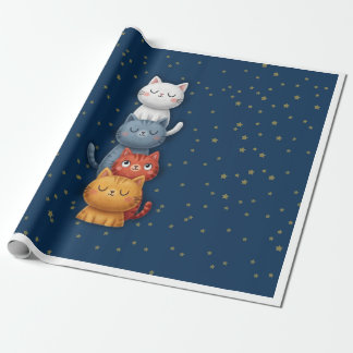 Gatos Fofos Empilhados em Papel de Presente Azul-M