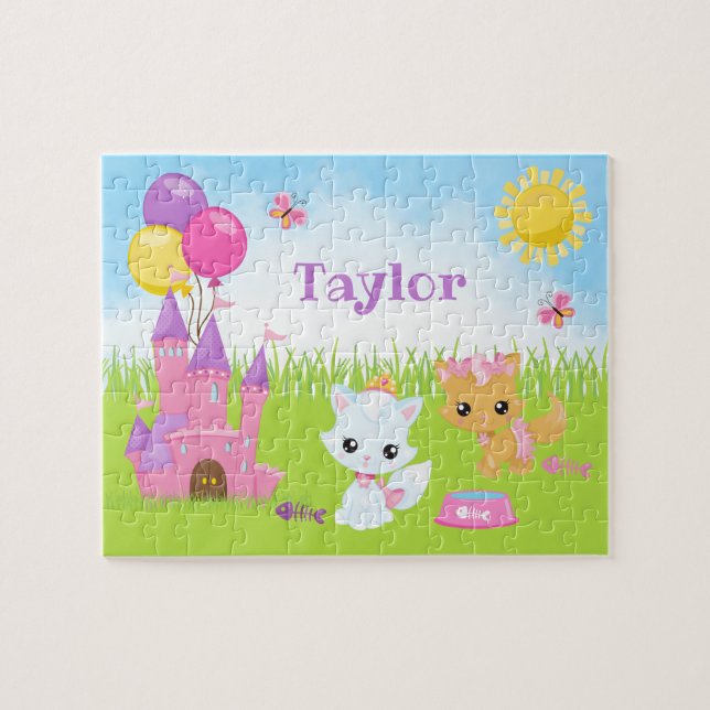 Gatos Kittens Castelo Rosa e Quebra-cabeça de Puzz (Horizontal)