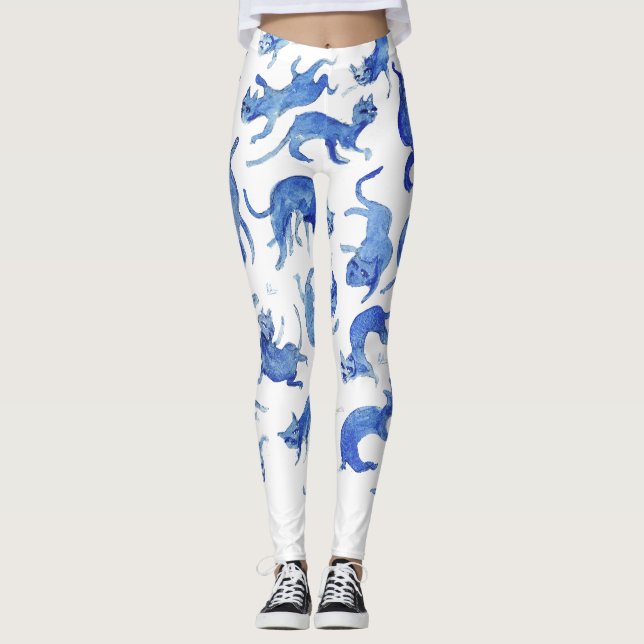 Gatos Ming Celestiais Legging de Chinoiserie Azul  (Frente)