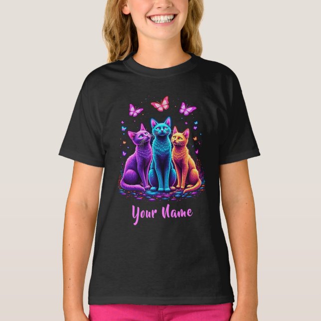 Gatos Místicos Neon – Camiseta Psicodélica com Nom (Frente)
