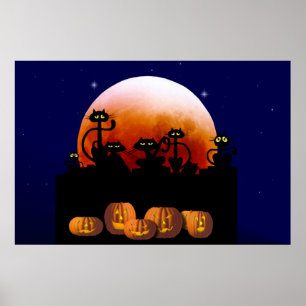 Gatos pretos, lua, poster das abóboras