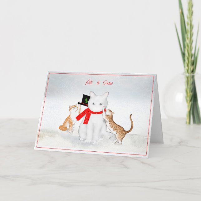 Gatos tocando no cartão de Natal da neve (Frente)