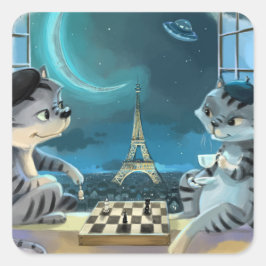 Gatos Torre Eiffel - Adesivos Quadrados Clássicos 