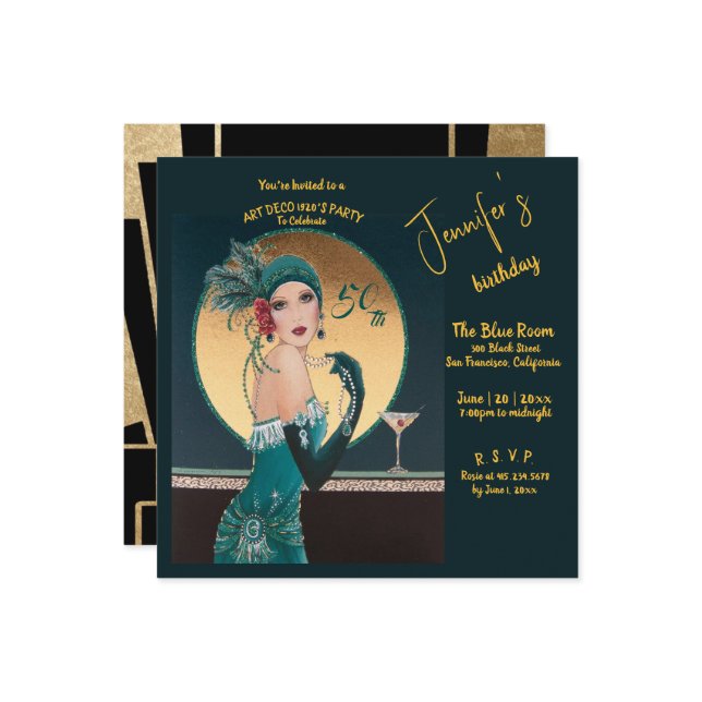 Gatsby Art Deco 50º Convites de festas de aniversá (Frente/Verso In Situ)
