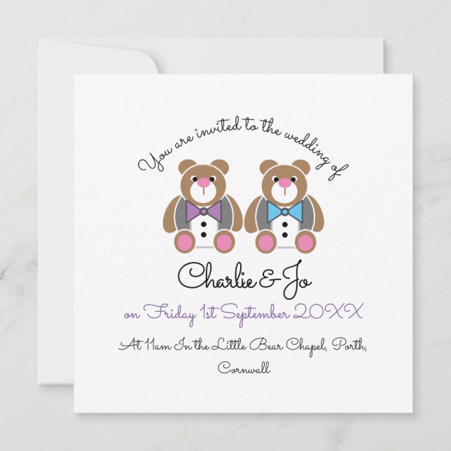 Gay do casamento do urso de pelúcia 2 convite para (Verso)