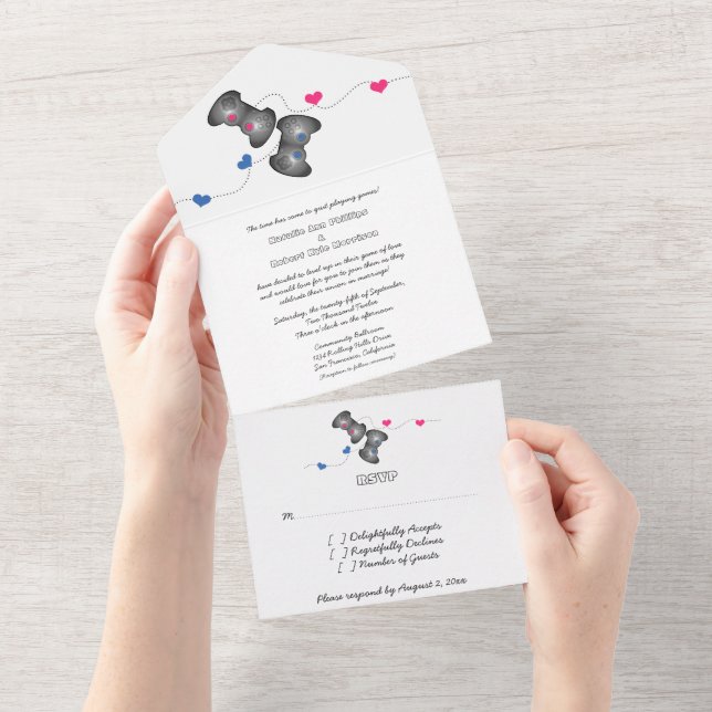 Geeky Gamers All in One Convite de casamento | Ros (Aba destacável)