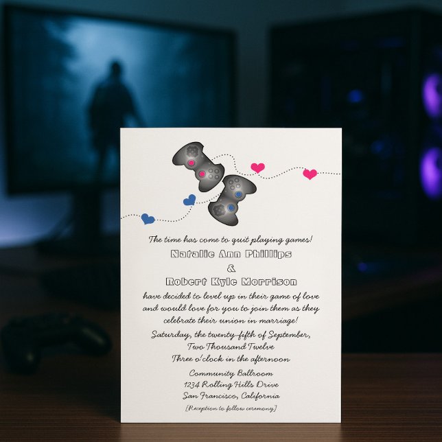 Geeky Gamers | Convite para Casamento Azul e Rosa (Blue and Pink Geeky Gamers Wedding Invitation)
