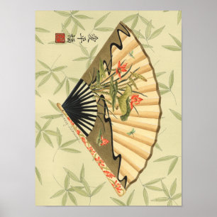 Geisha Fan com Folhas e Impressão Floral