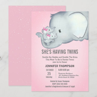 Gêmeas Mamães Meninas de Elefante Rosa Convite