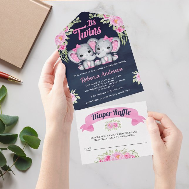 Gêmeas Meninas Elefante Floral Rosa Azul Marinho C (Criador carregado)
