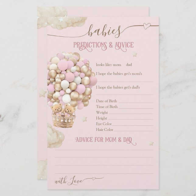 Gêmeos Bear Balões Rosa Jovens Chá Jogo de Bebê (Frente/Verso)