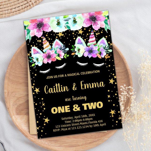 Gêmeos Ouro Black Unicorn Convites de Aniversário (Twins Golden Black Unicorn Birthday Invitations)