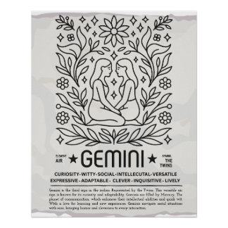 Gemini Zodiac Vintage Art Impressão - Folk Botânic