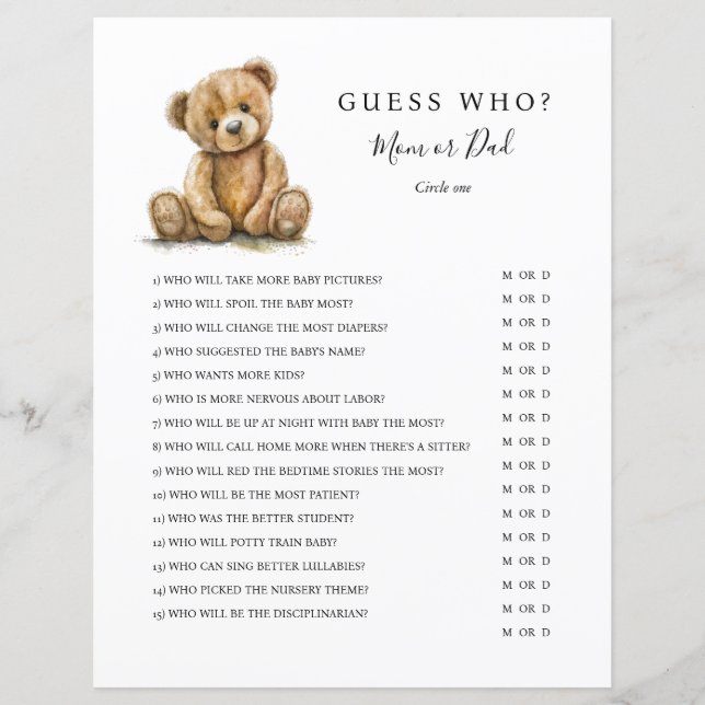 Gender Neutral Teddy Bear Baby Shower Game (Frente)