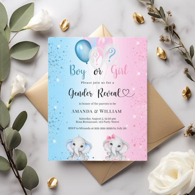 Gender reveal blue pink elephants invitation (Criador carregado)