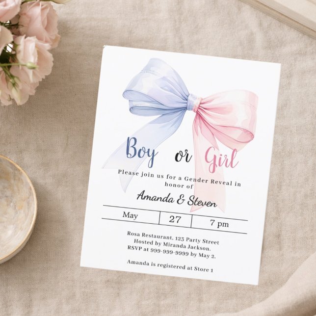 Gender reveal pink blue bow boy girl invitation (Criador carregado)