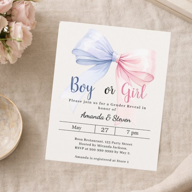 Gender reveal pink blue bow ivory invitation (Criador carregado)