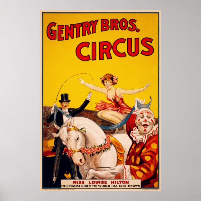 Gentry Bros. Poster de circo. Srta. Louise Hilton (Frente)