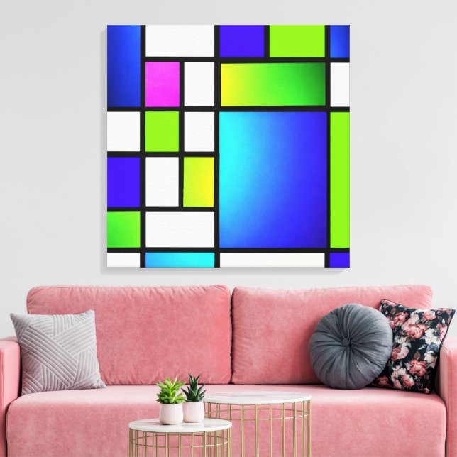 Geometric Harmony – Modern Neon Canvas Print (Insitu(Sala de estar))