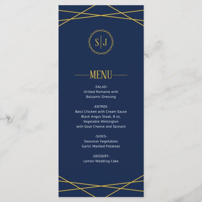Geométrico Dourado Elegante | Menu de casamento az (Frente)