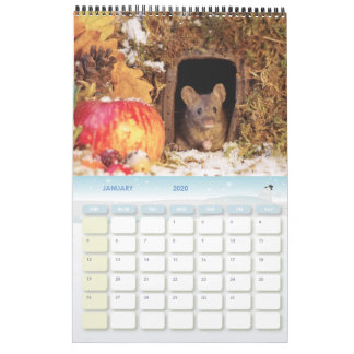 George, o mouse em uma pilha de log, calendário no