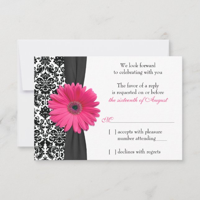 Gerber Daisy Rosa Preto Damasko Casamento RSVP Res (Frente)
