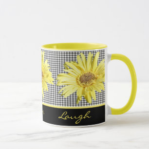 Gerbera amarelo e preto vivos, amor, caneca do