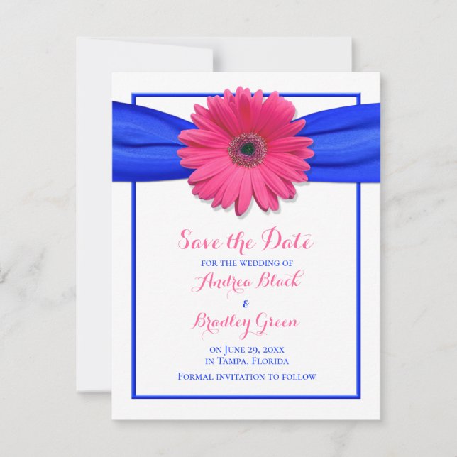 Gerbera rosa com fita azul Salve o cartão de data (Frente)