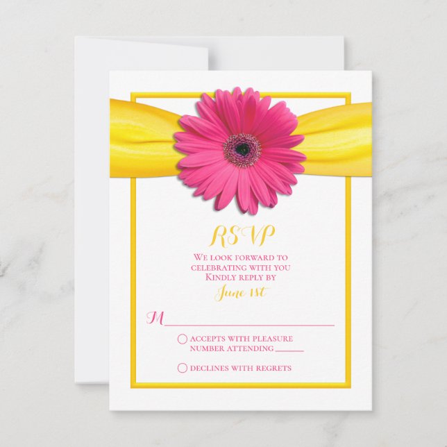Gerbera rosa com placa de resposta de fita amarela (Frente)