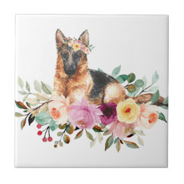German shepherd Jogando Flores Azulejos Cerâmicos