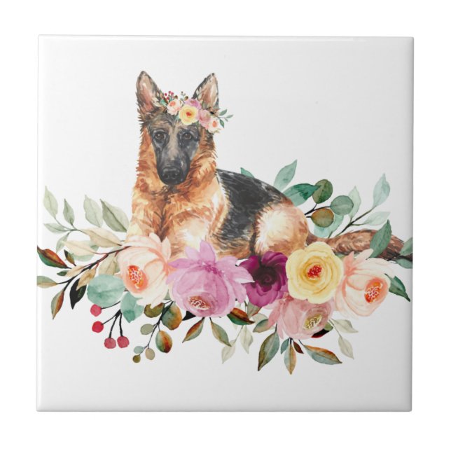 German shepherd Jogando Flores Azulejos Cerâmicos (Frente)