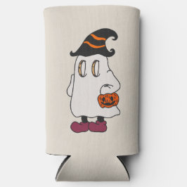 Ghost holding pumpkin and wearing witch hat