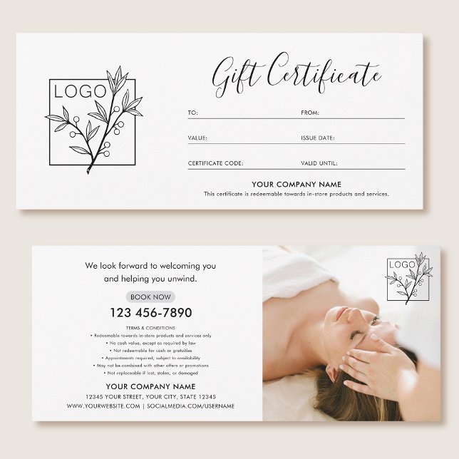Gift Certificate Logo Photo Modern Script Card (Criador carregado)