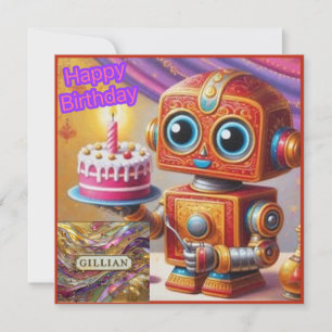 GILLIAN ~ Cartão de Aniversário ~ Robô com Bolo ~