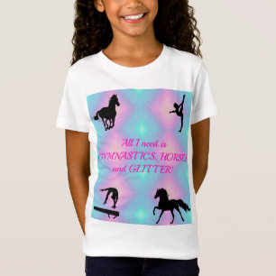 Ginástica das meninas, cavalos, t-shirt do brilho
