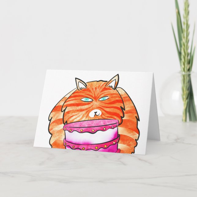 Ginger cat com cartão de aniversário de bolo (Frente)