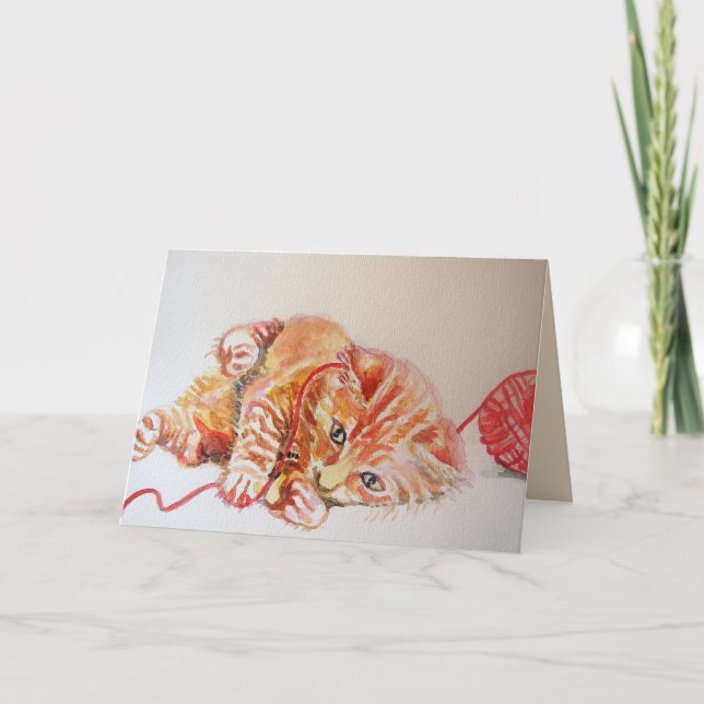 Ginger Kitten Cat Brincando Com Cartão De Aniversá (Frente)