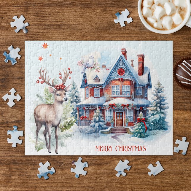 Gingerpão de Cachorro Quebra-cabeça de Natal (Christmas puzzle showing a cute gingerbread like home with white dove and deer in a watercolor style)