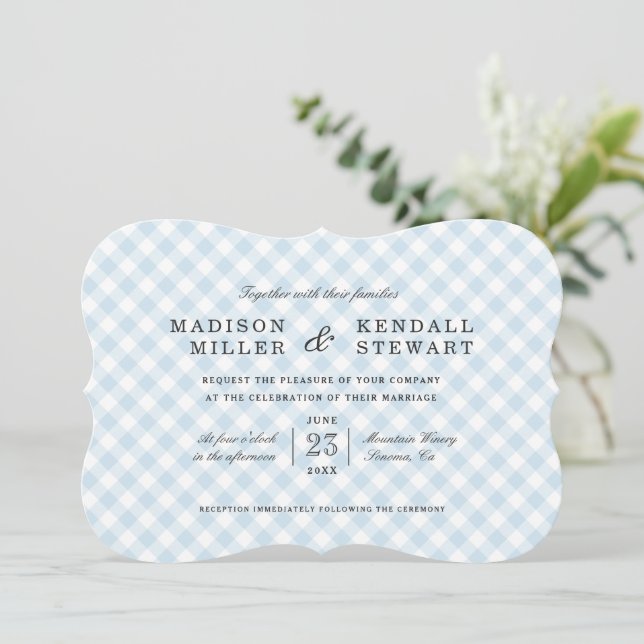 Gingham Azul Doce | Convite Para Casamento (Em pé/Frente)