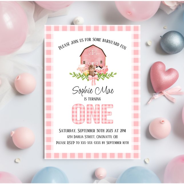 Gingham Barnyard, Rosa, Primeiro Convite de Aniver (Criador carregado)