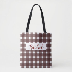 Gingham Branco Castanho Personalizado Tote Bag